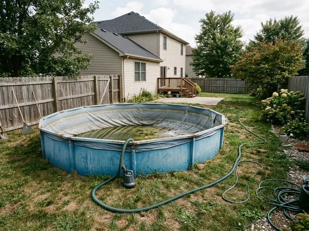 A round above-ground pool with a faded blue steel wall and a sagging liner, half drained, in a fenced backyard