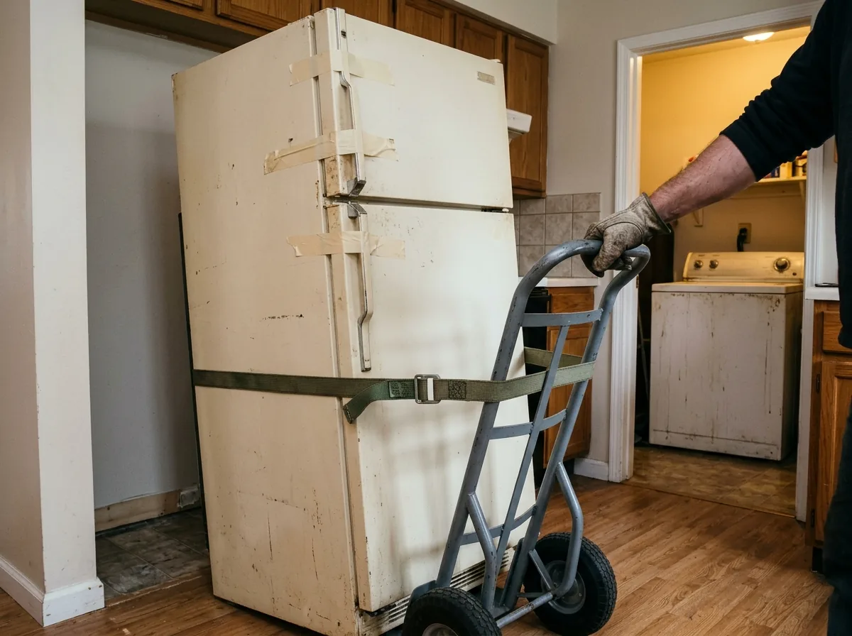Old almond top-freezer refrigerator strapped to a grey hand truck in a kitchen, a worn washer visible in the laundry room behind