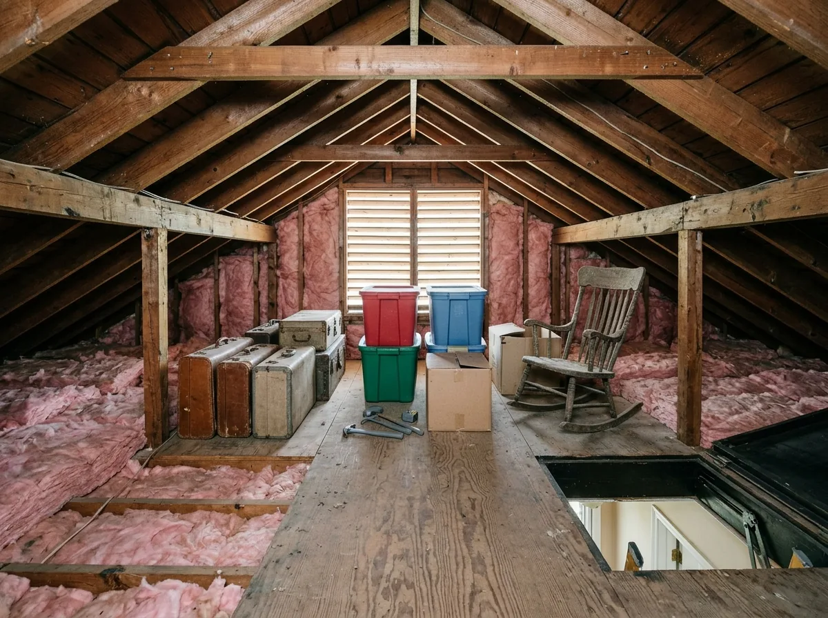 Attic with exposed wooden rafters and plywood decking holding old suitcases, holiday bins and a dusty rocking chair