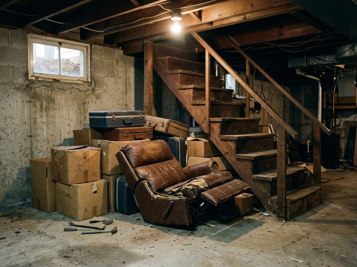 Unfinished basement with stacked cardboard boxes, a broken recliner and old luggage at the bottom of a wooden staircase