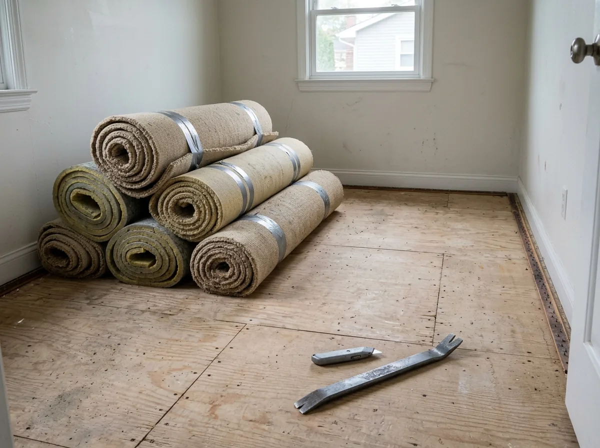 Old beige carpet and foam pad cut into strips, rolled and taped in a stack on a bare plywood subfloor