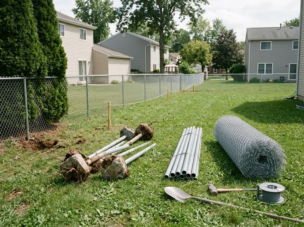 A rolled-up section of chain-link fabric and a stack of galvanized top rails and posts lying on a lawn