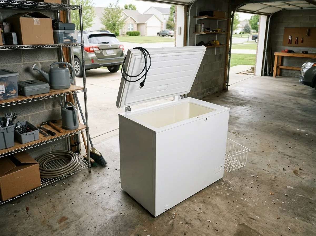 White chest freezer with its lid propped open, unplugged and drained, sitting on a garage floor beside storage shelves