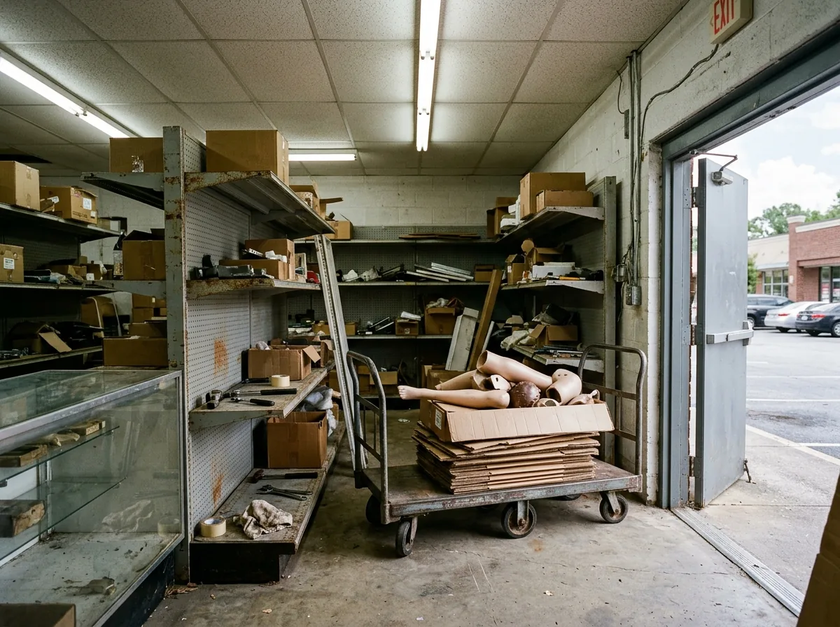 Retail stockroom with old metal shelving units, a dented glass display case, stacked flattened cardboard and broken mannequin parts