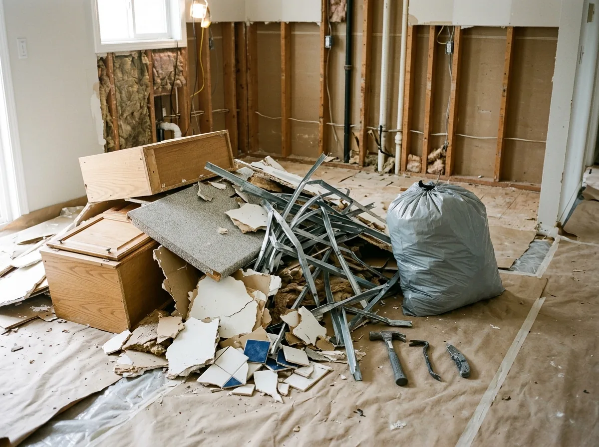 Kitchen under renovation with torn-out drywall, old oak cabinet boxes, a countertop section and bent metal studs piled on a covered floor
