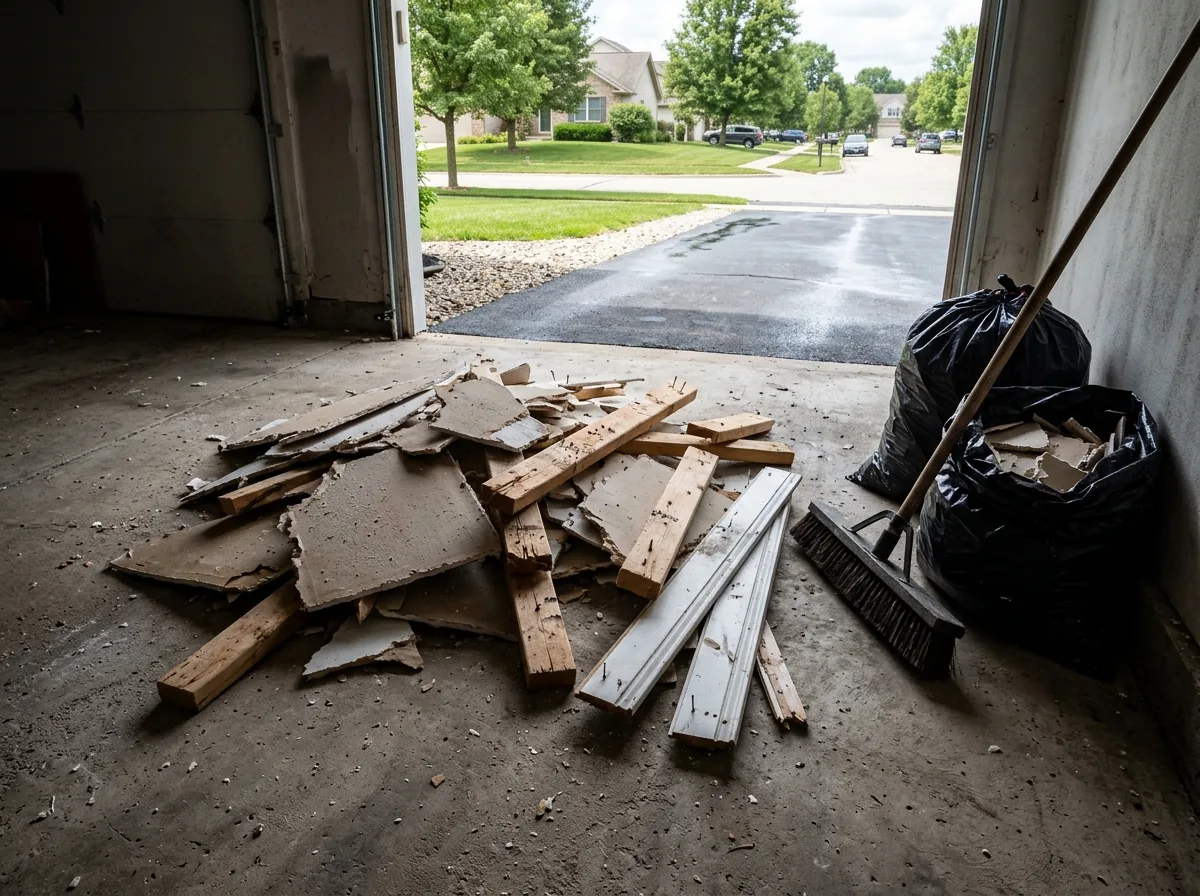 A pile of broken drywall sheets, cut two-by-fours and old baseboard trim on a garage floor beside a shop broom