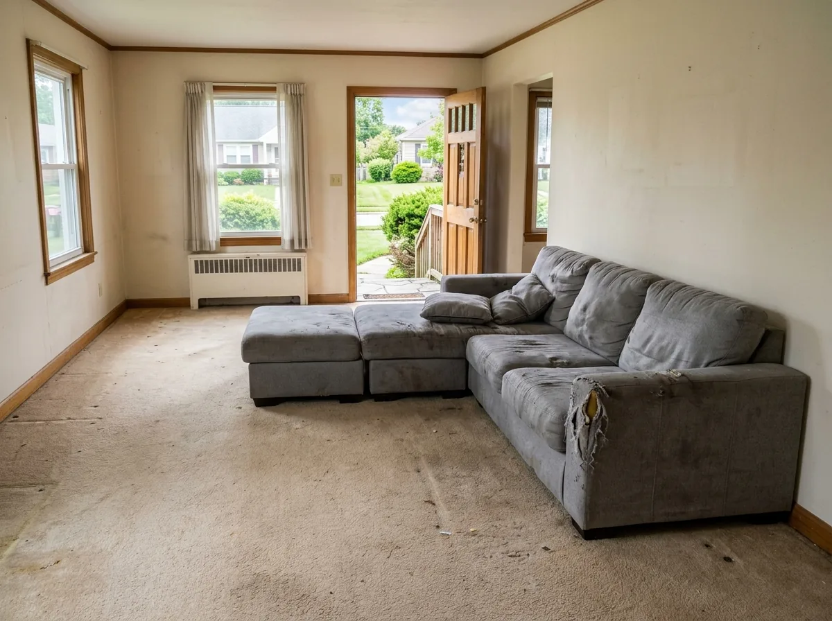 Worn grey sectional sofa with a torn cushion alone in an emptied living room, front door open behind it