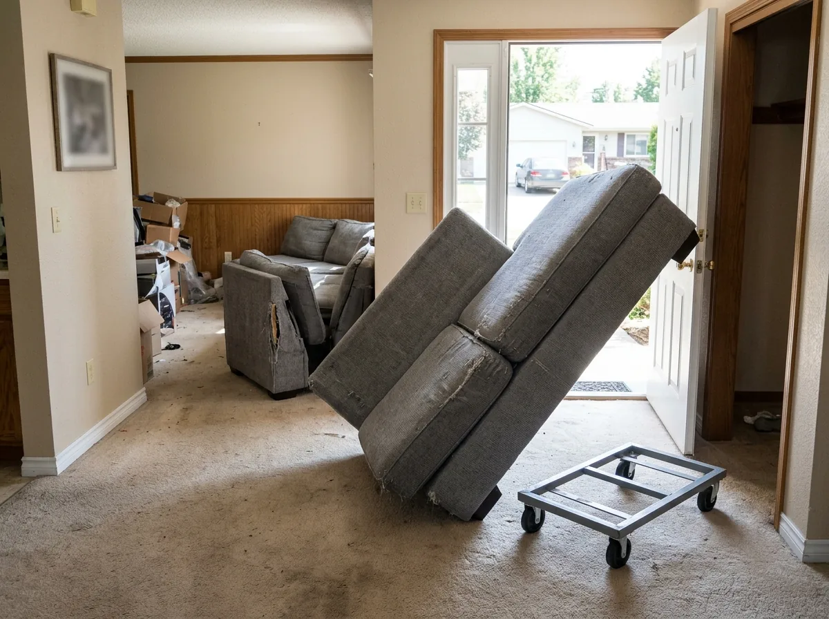 Gray three-piece sectional sofa pulled apart at the seams, one section tipped on end in an open front doorway