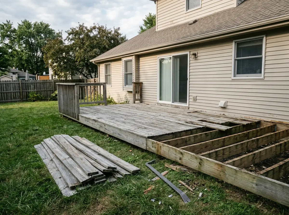 A low pressure-treated wood deck with gray weathered boards, a few missing, attached to the back of a two-story house