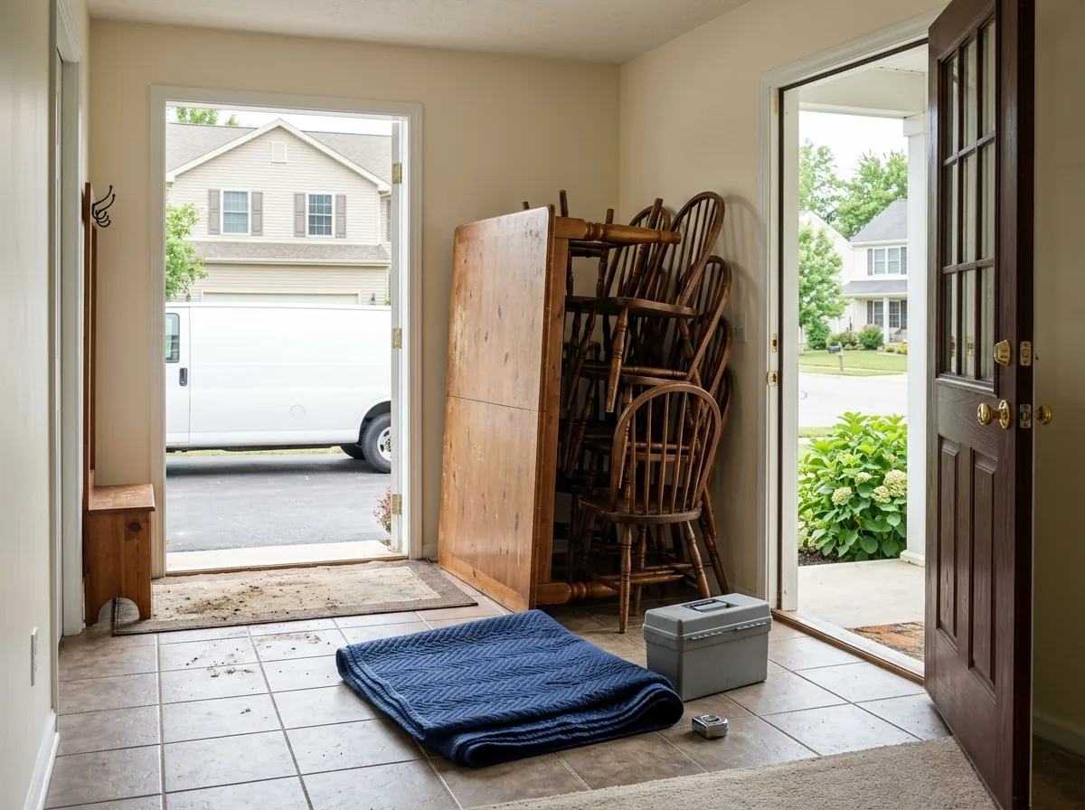 A wooden dining table with its leaves removed and six matching chairs stacked beside a front door, ready to be carried out