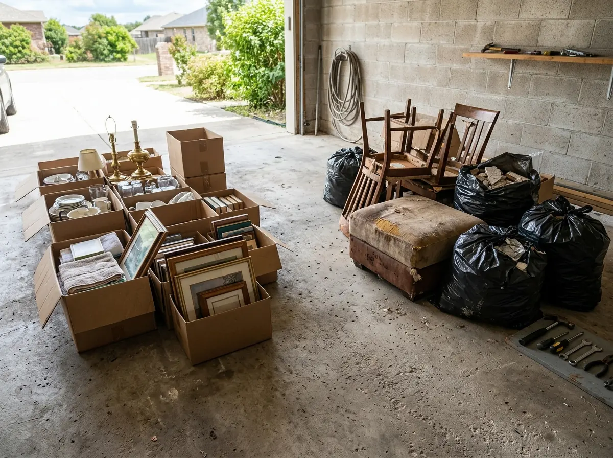 Garage floor with household goods sorted into two piles: boxed dishes and lamps on one side, broken chairs and bagged trash on the other