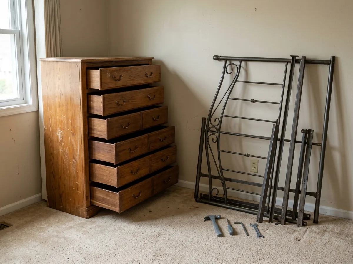 A tall wooden dresser with its drawers pulled out and stacked beside it, next to a taken-apart metal bed frame leaning on a bedroom wall