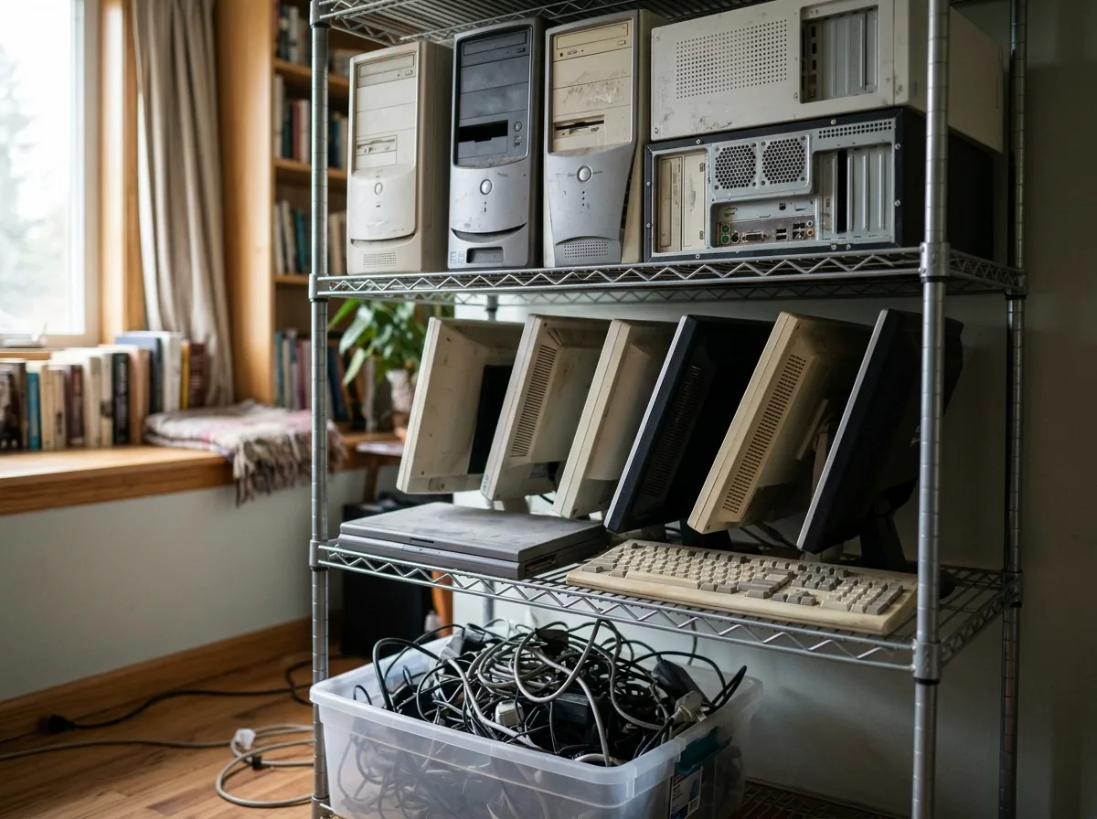Pile of old desktop towers, flat monitors, a laptop and a keyboard on a shelf in a spare room