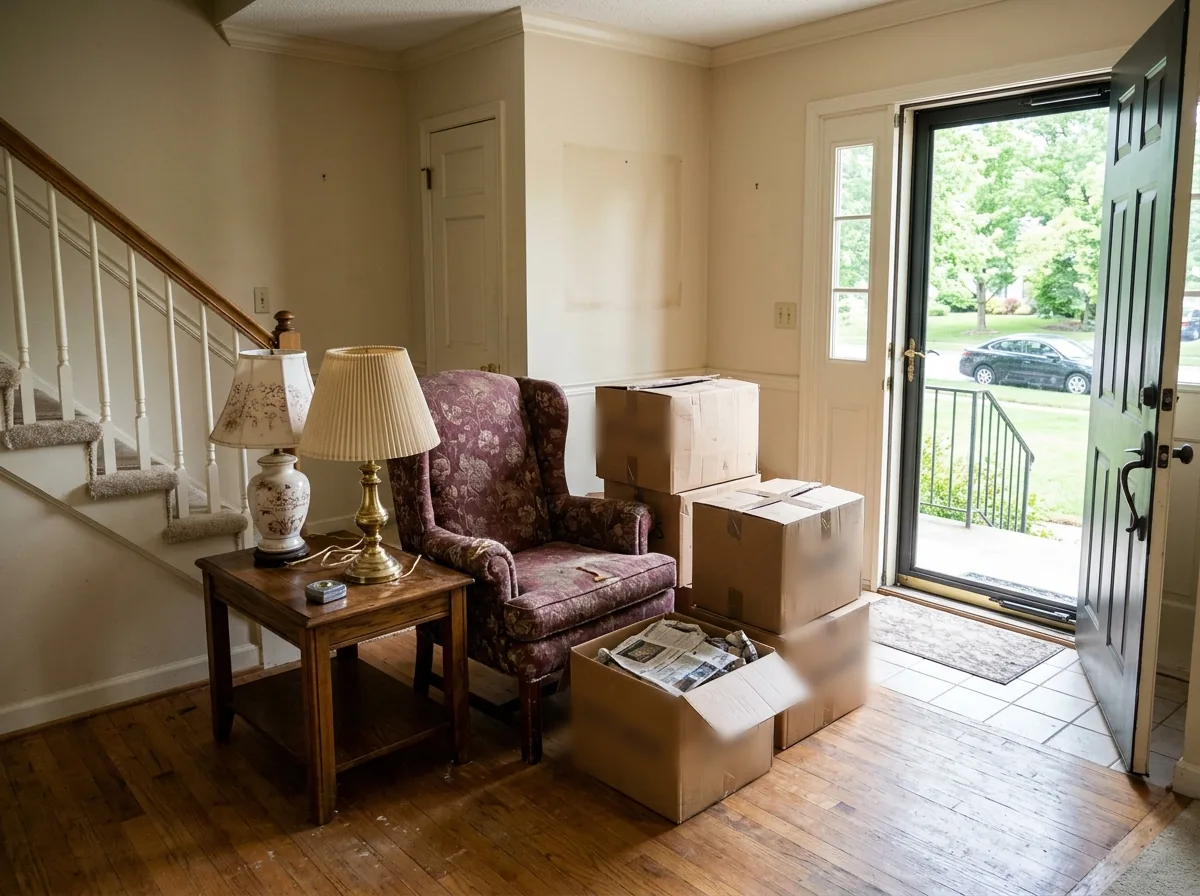 Leftover furniture after an estate sale: a wingback chair, a side table, lamps and boxed dishes grouped by a front door