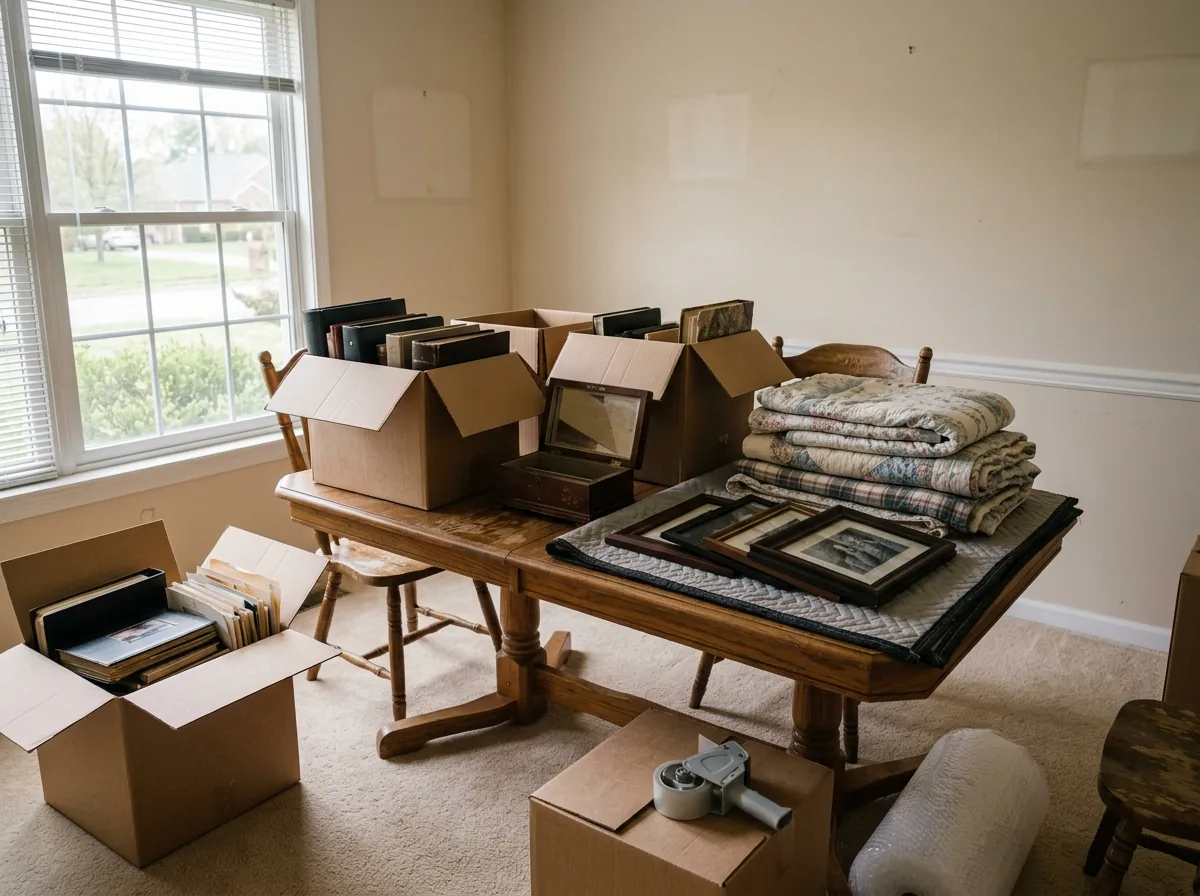 Labeled moving boxes of family keepsakes, photo albums and a jewelry box sorted on a dining table in an emptied house