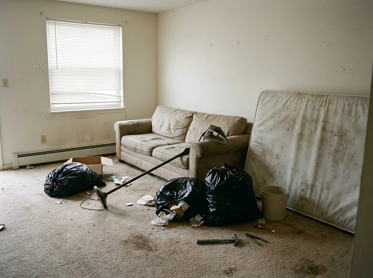 Rental living room after an eviction with a left-behind sofa, a stained mattress, black trash bags and a broken lamp