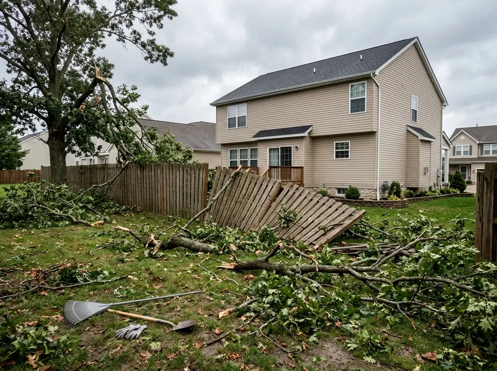 Broken tree limbs and scattered branches across a backyard lawn after high wind, with a section of wooden fence leaning