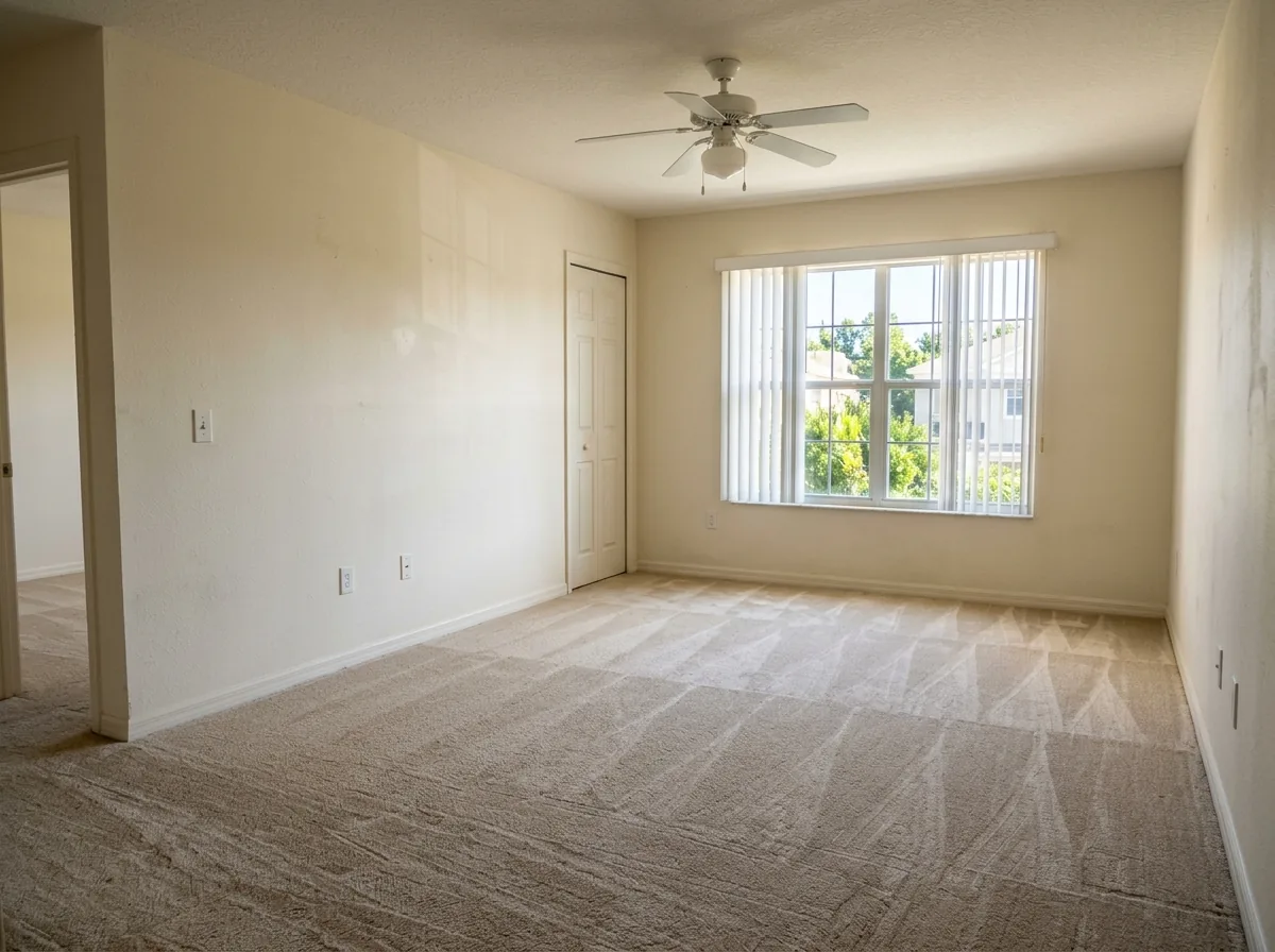 Empty rental living room after a foreclosure cleanout, carpet vacuumed and blinds open on a sunny afternoon