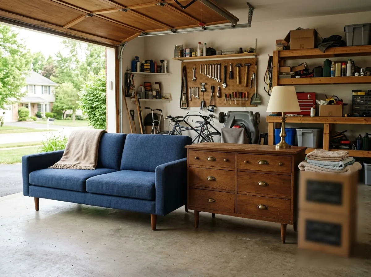 Gently used blue sofa and a wooden dresser with brass pulls set out in a garage, ready for a charity donation pickup