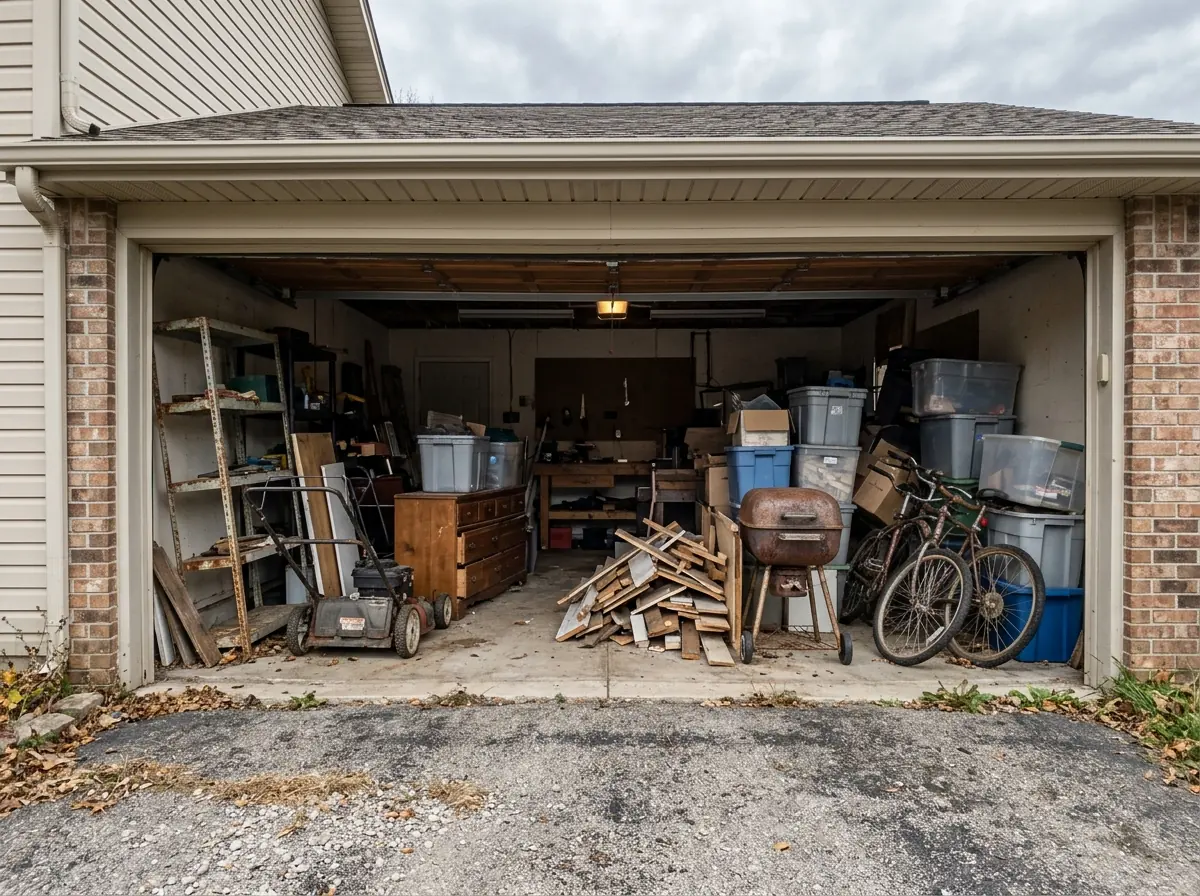 Two-car garage with the door open, crowded with an old mower, a rusty grill, bikes, plastic bins and scrap lumber