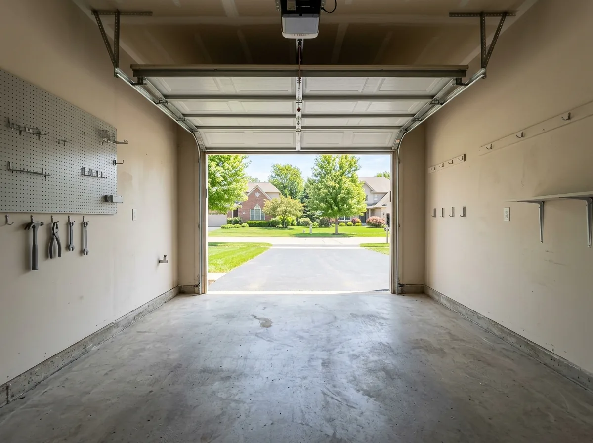 Bare swept concrete garage floor with empty wall hooks and an open garage door at the end of a cleanout