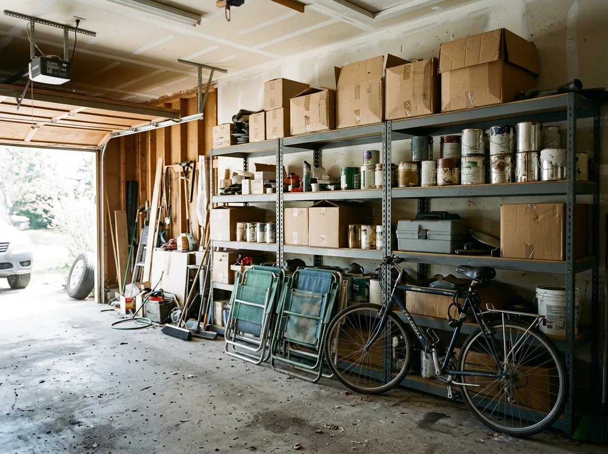 Garage wall of metal shelving loaded with cardboard boxes, paint cans, a toolbox and folded lawn chairs above a concrete floor