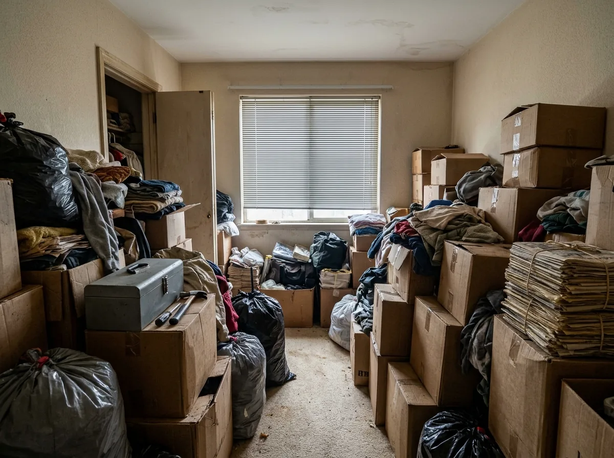 Spare room with boxes, bags and stacked newspapers piled high on both sides of a narrow walkway to the window