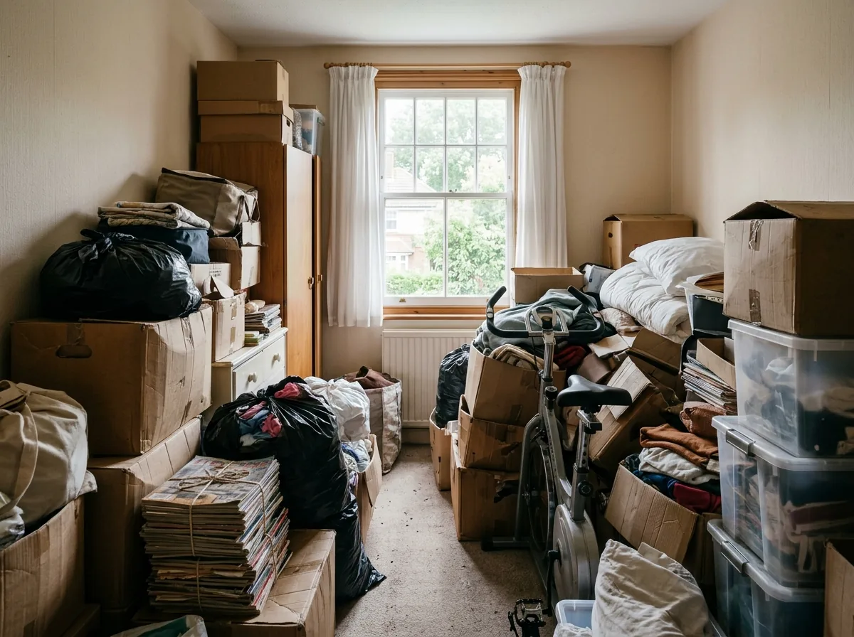 Spare bedroom packed waist-high with boxes, bags of clothing and bundled magazines, with a narrow path to the window