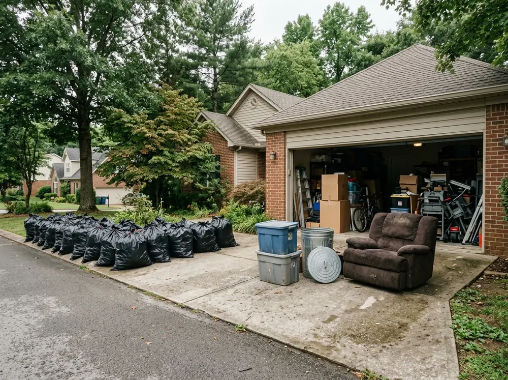 Black contractor bags of debris lined up on a driveway beside a full garage, bins and old furniture waiting to load