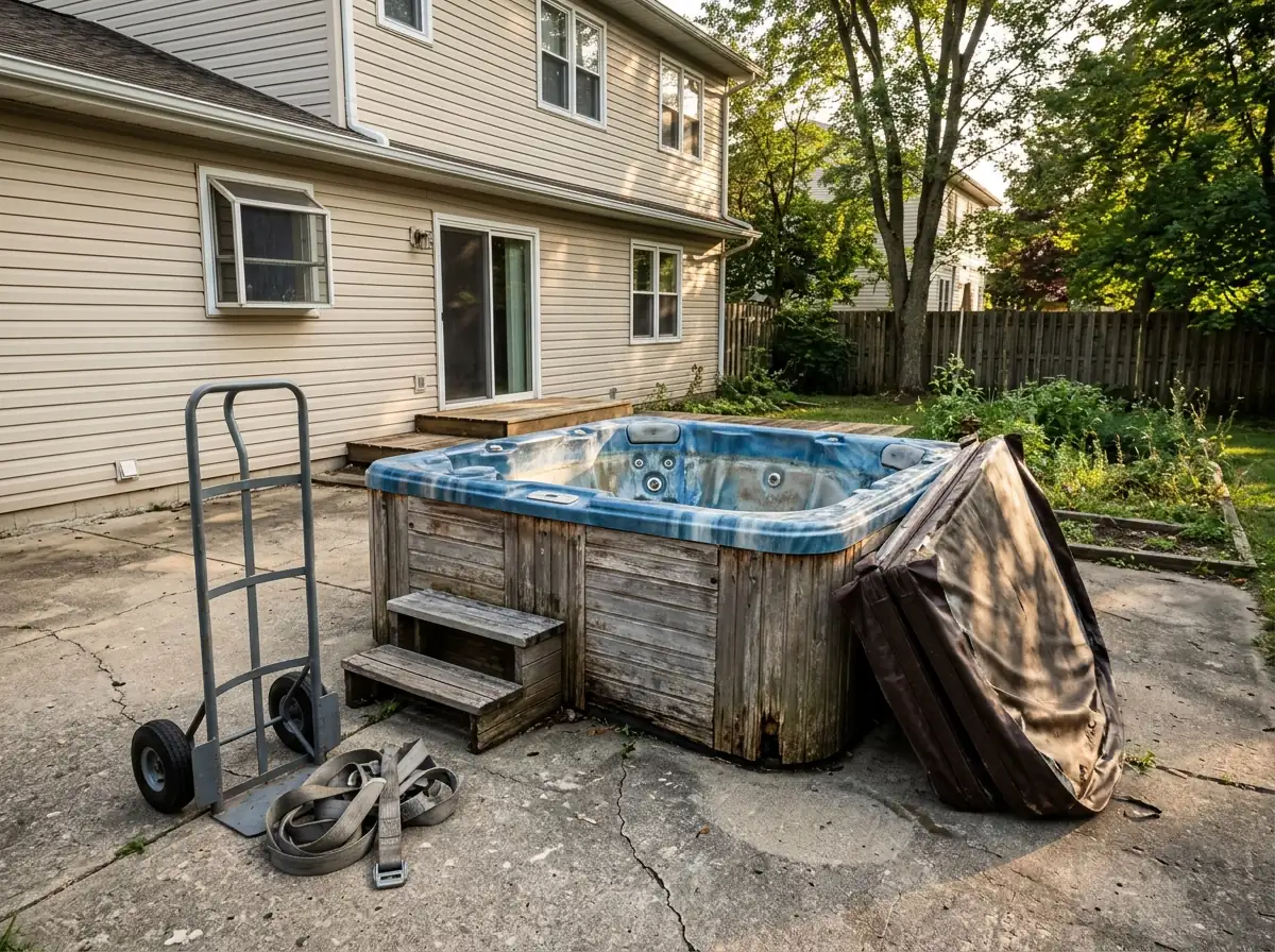 An old weathered acrylic hot tub with its cover pulled off, sitting on a concrete patio behind a two-story house, a hand truck and moving straps beside it