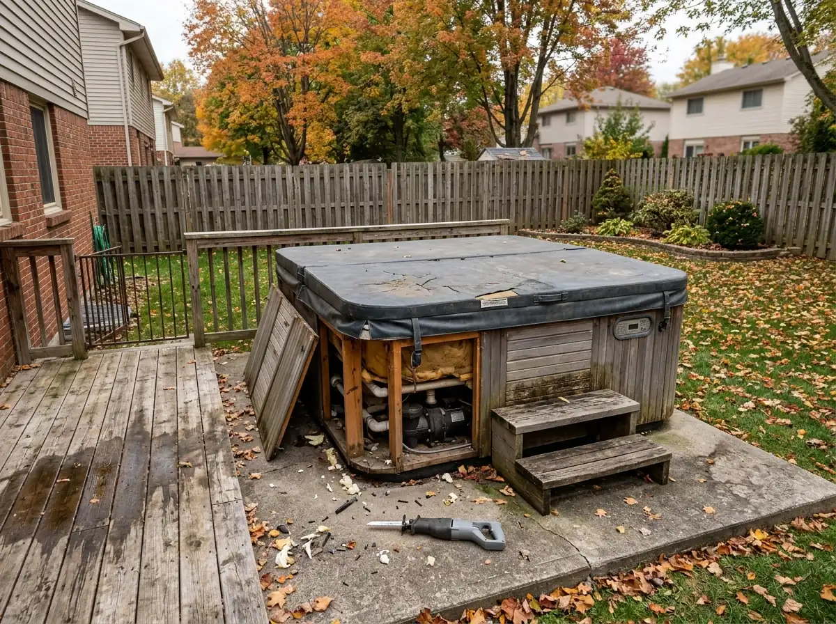 Weathered hot tub with a cracked cover on a concrete pad next to a wooden deck, side panel off and a grey saw on the pad