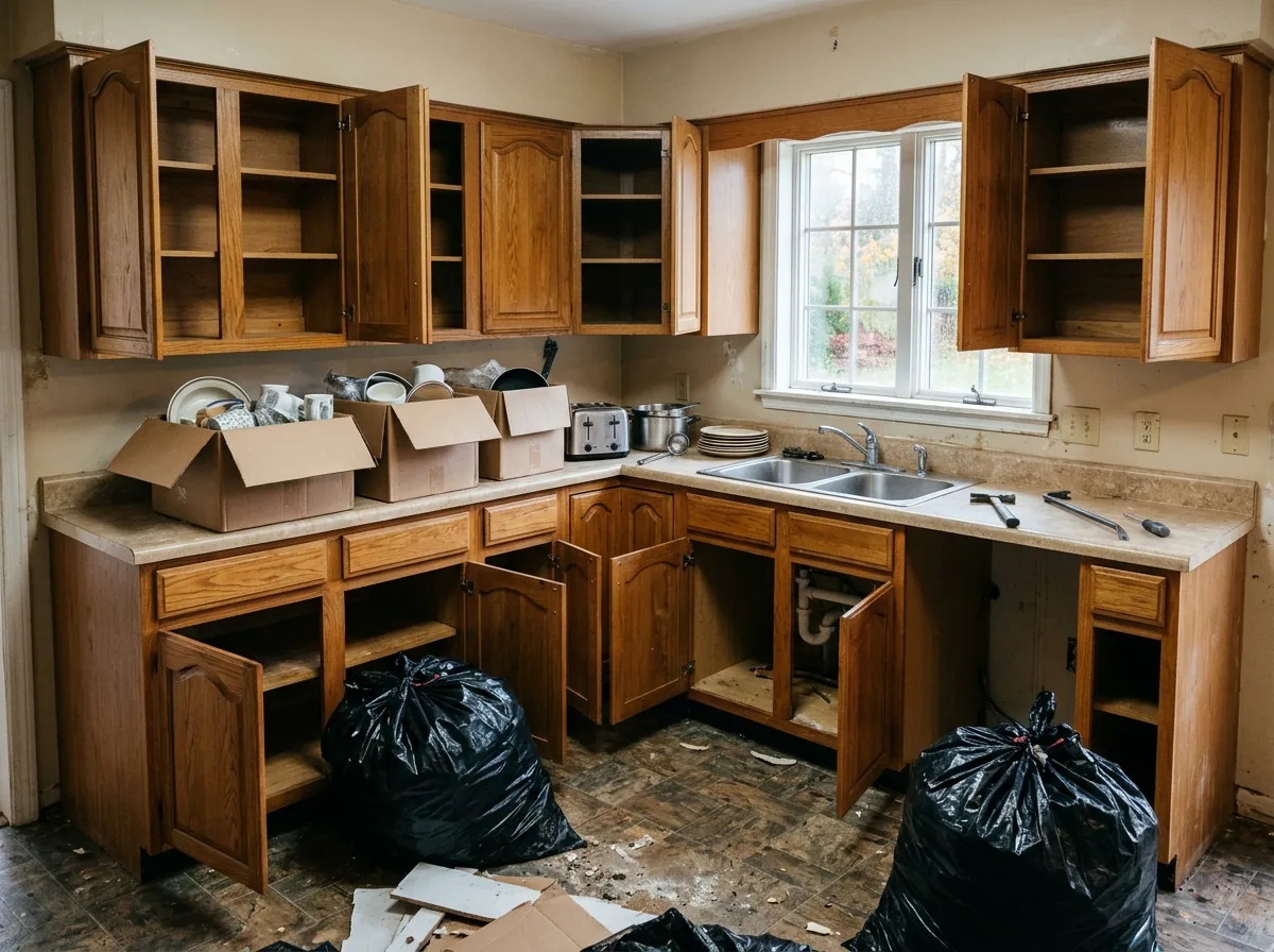 A kitchen with every cabinet door open and the shelves empty, a few boxes of dishes and small appliances on the counter