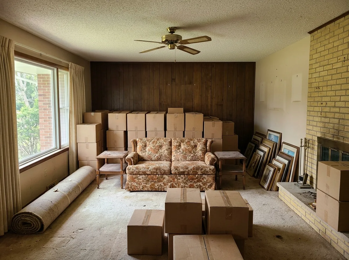 Living room halfway through a whole-house cleanout, with packed boxes, a floral couch and a rolled rug in the middle of the floor