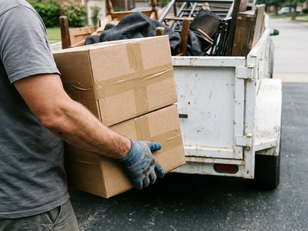 Gloved hands carrying two taped moving boxes toward a white trailer loaded with old furniture