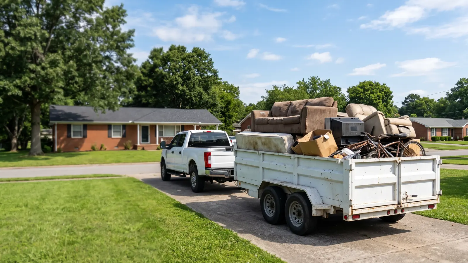 White open dump trailer heaped with an old sofa, a recliner, a mattress, boxes and a bike in the driveway of a red-brick ranch house