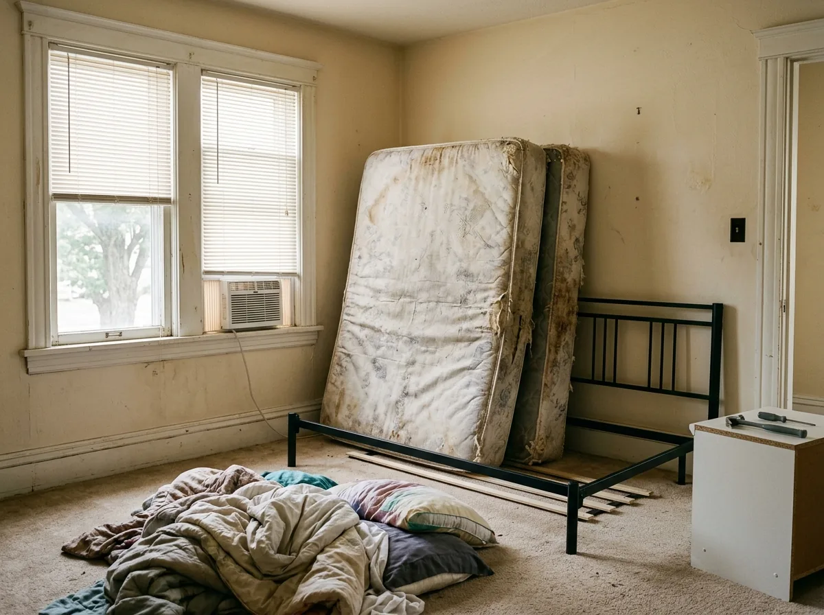 A queen mattress and box spring stood on edge against a bedroom wall beside a bare metal bed frame, the bedding stripped off