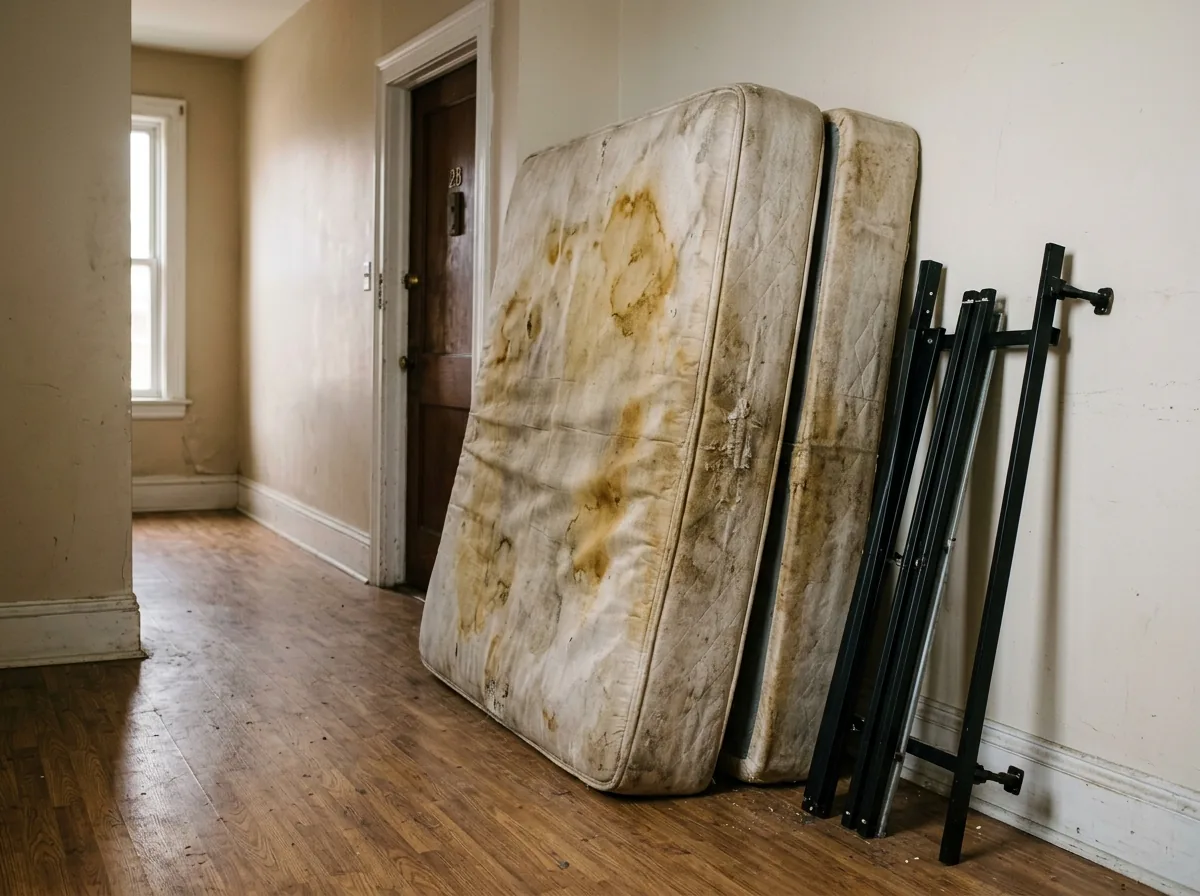 Old stained queen mattress and box spring leaning against a hallway wall beside a stripped metal bed frame