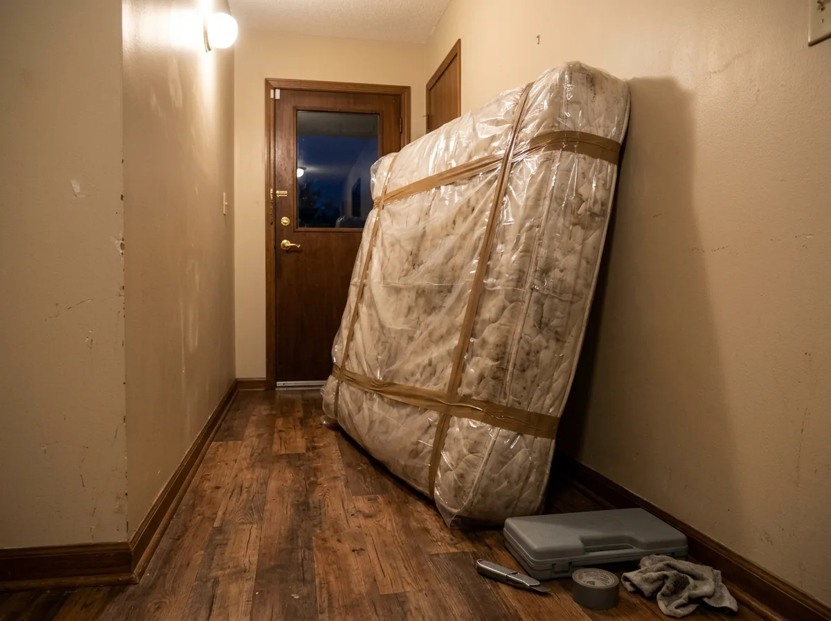 A stained mattress wrapped in clear plastic sheeting leaning against a hallway wall near the front door, waiting for pickup