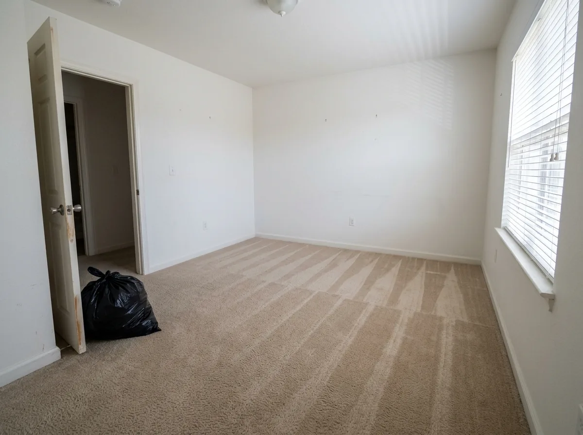 Empty carpeted bedroom in base housing after move-out, freshly vacuumed, blinds down, a single trash bag by the door