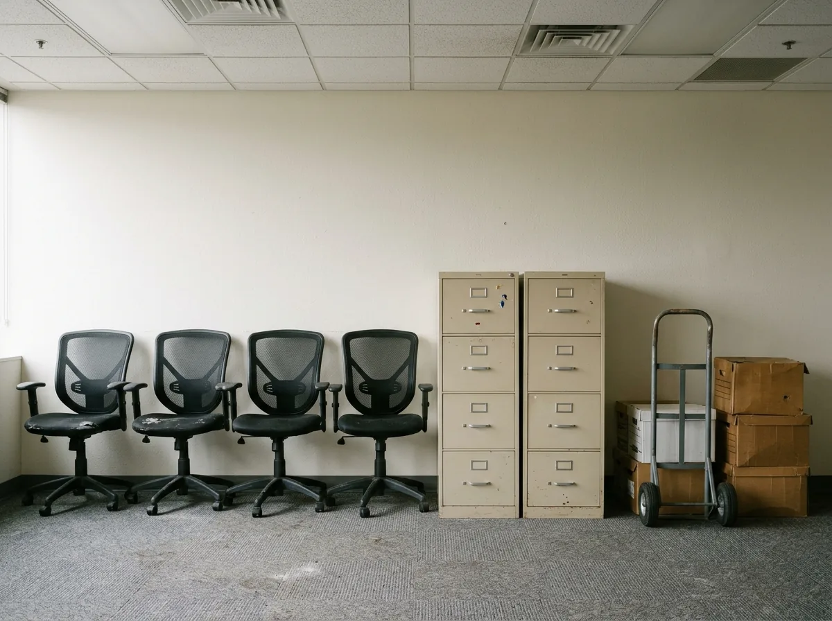 Row of worn mesh office chairs beside two four-drawer metal filing cabinets and a stack of cardboard file boxes in an empty office