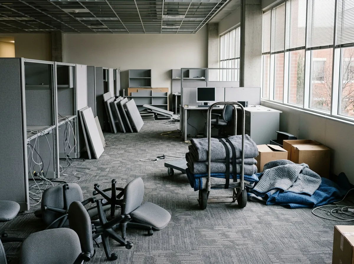 Open-plan office with gray fabric cubicle panels partly taken apart, worksurfaces stacked against a wall and loose desk chairs
