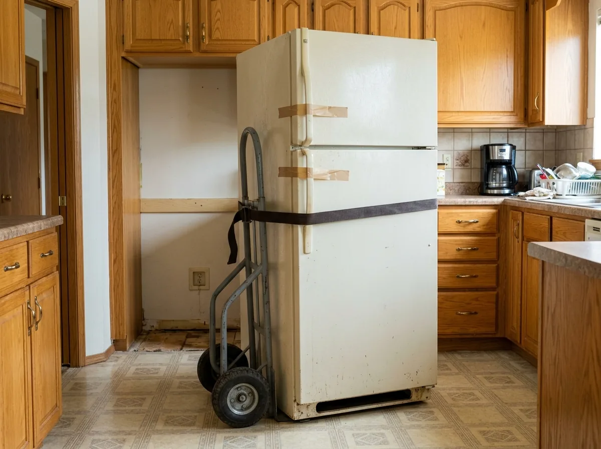 Old almond top-freezer refrigerator strapped upright to a gray appliance dolly in a kitchen with its doors taped shut