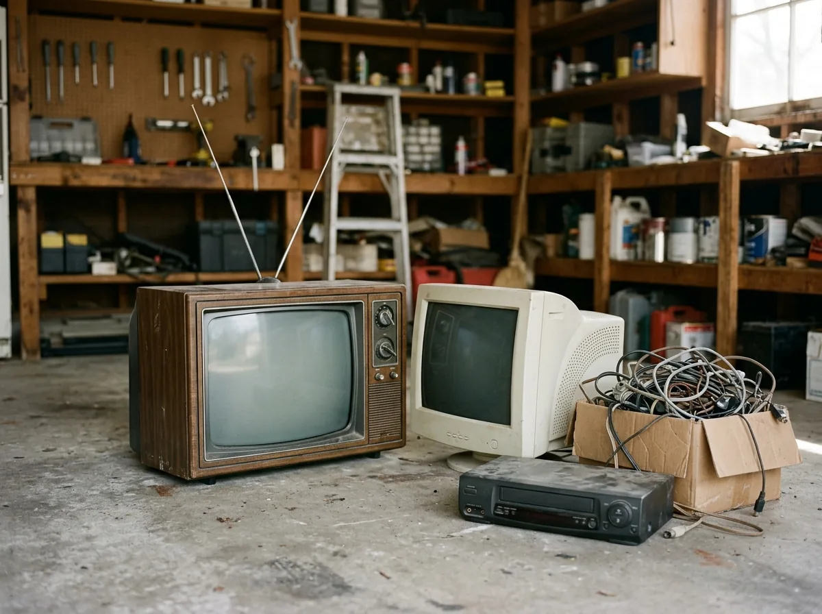 Old wood-grain tube television and a beige CRT computer monitor on a garage floor next to a box of tangled cables