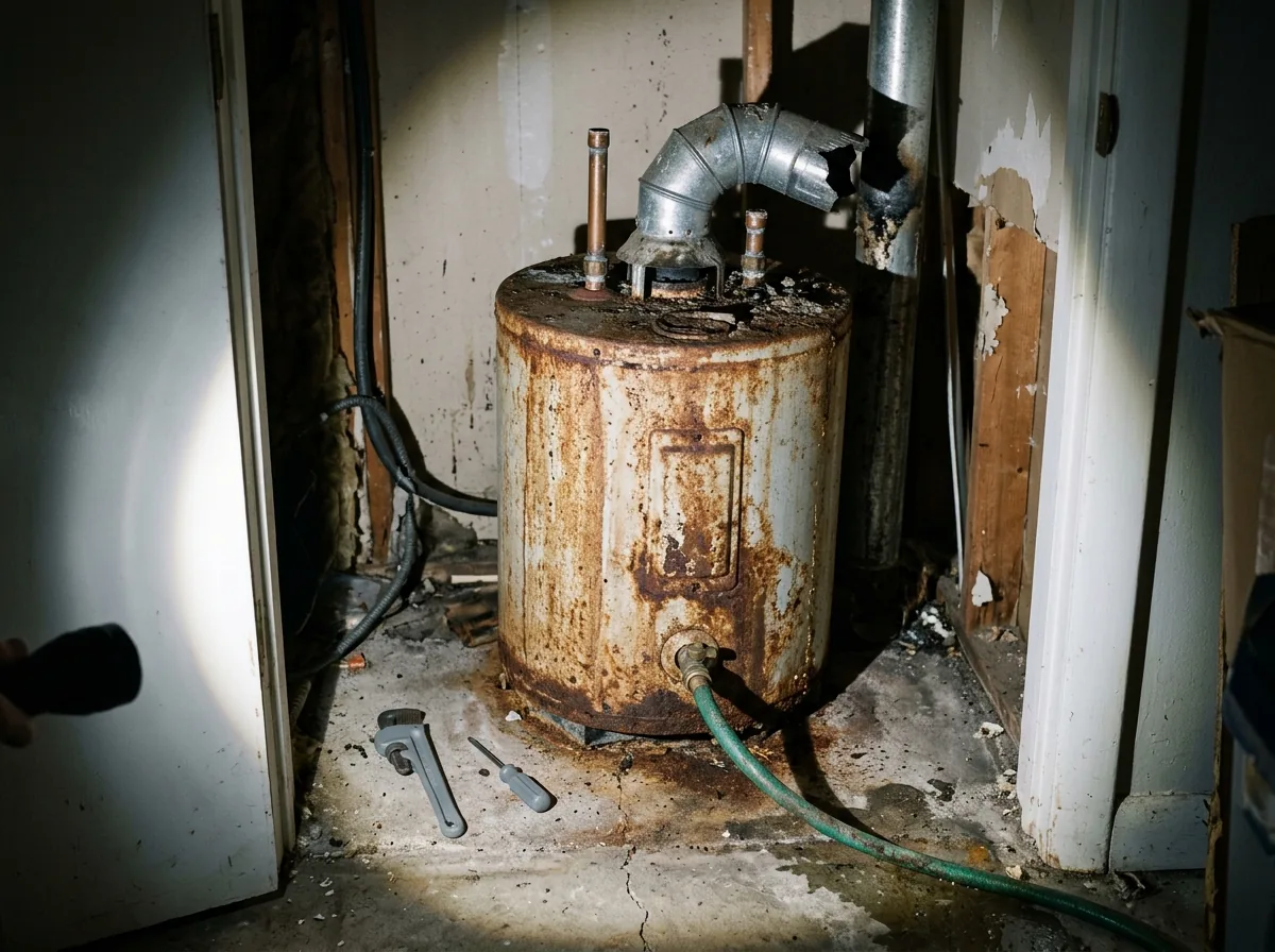 An old tank water heater standing in a utility closet, its water lines and vent pipe disconnected and a garden hose running from the drain valve