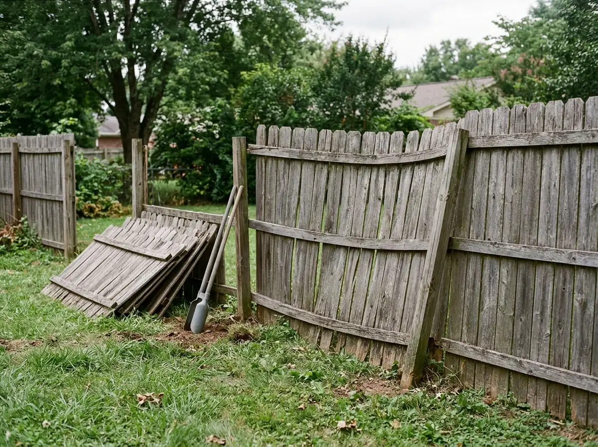 A six-foot wooden privacy fence with gray, warped pickets and a leaning section along a backyard property line