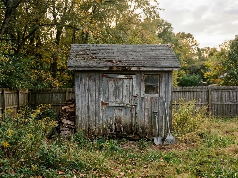 A weathered wooden backyard shed with peeling paint, a sagging door and a shingled roof, set at the back of a fenced yard
