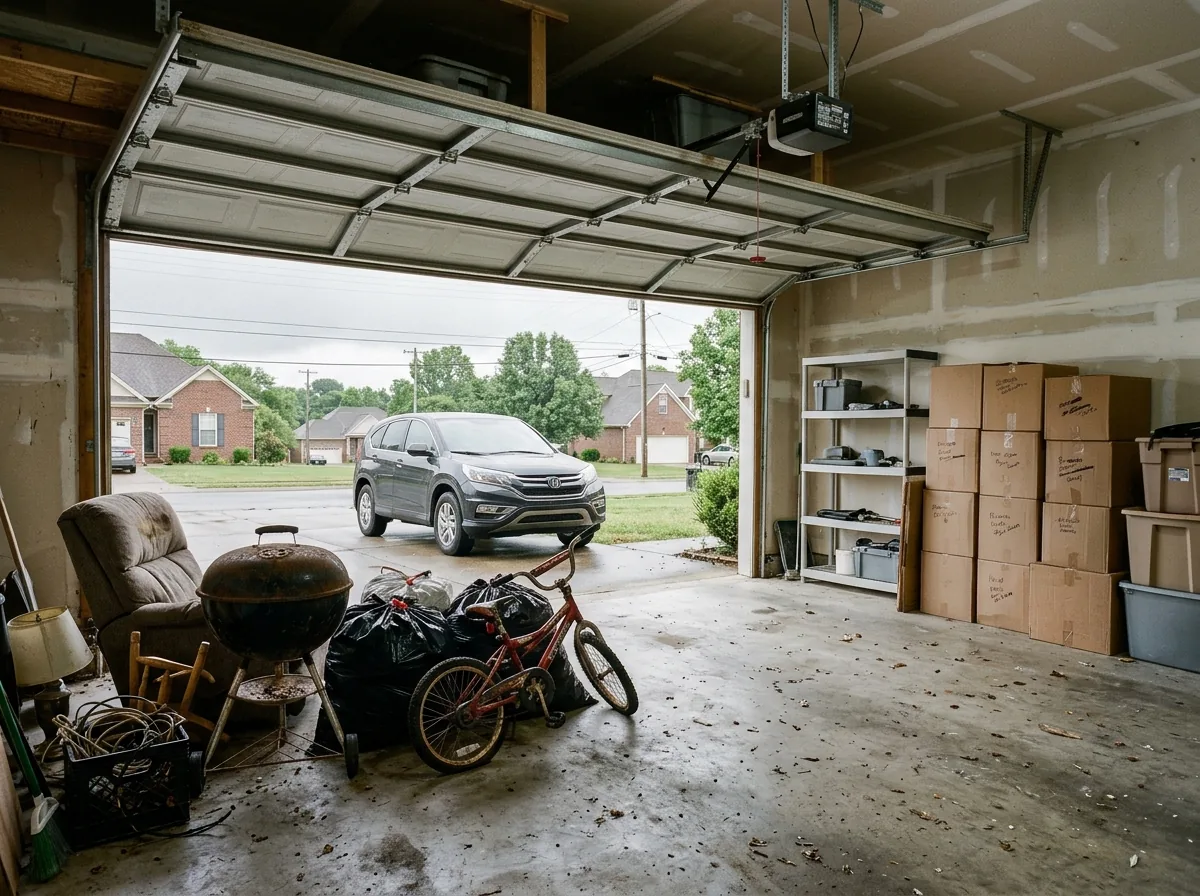 Two-car garage lined with moving boxes, an old recliner, a rusty charcoal grill and a broken bike waiting to be sorted before a military move