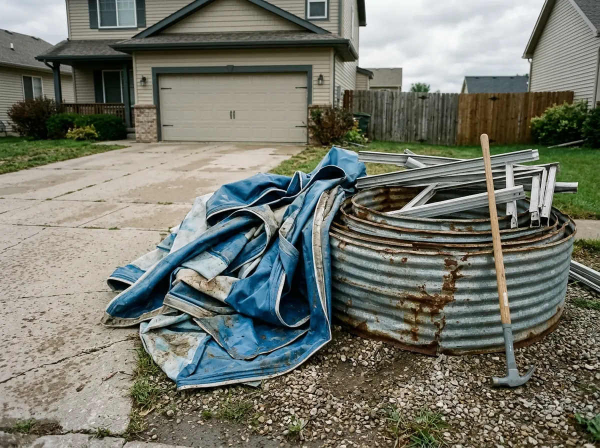 Cut sections of a blue vinyl pool liner and rolled corrugated steel wall panels piled beside a driveway for loading