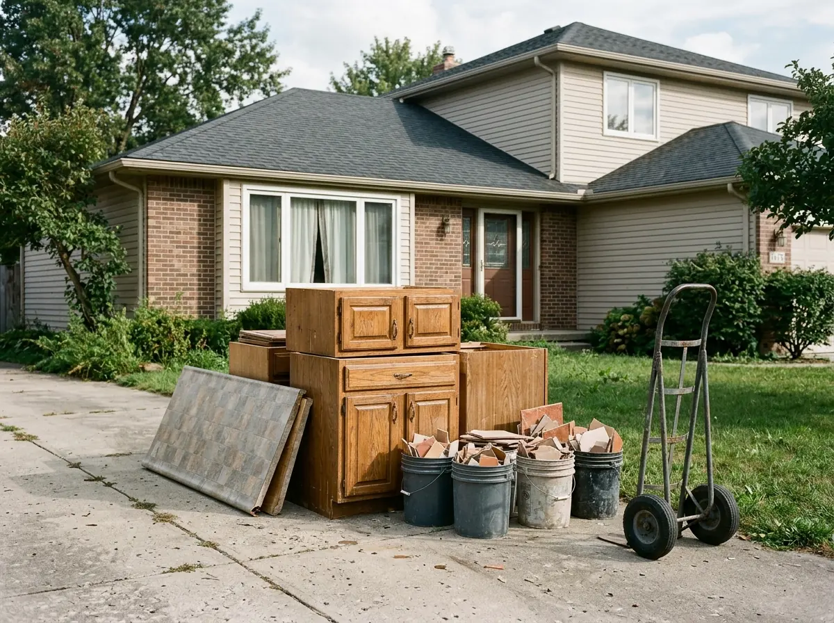 Old wooden kitchen cabinet boxes, a laminate countertop section and buckets of broken floor tile stacked in a driveway
