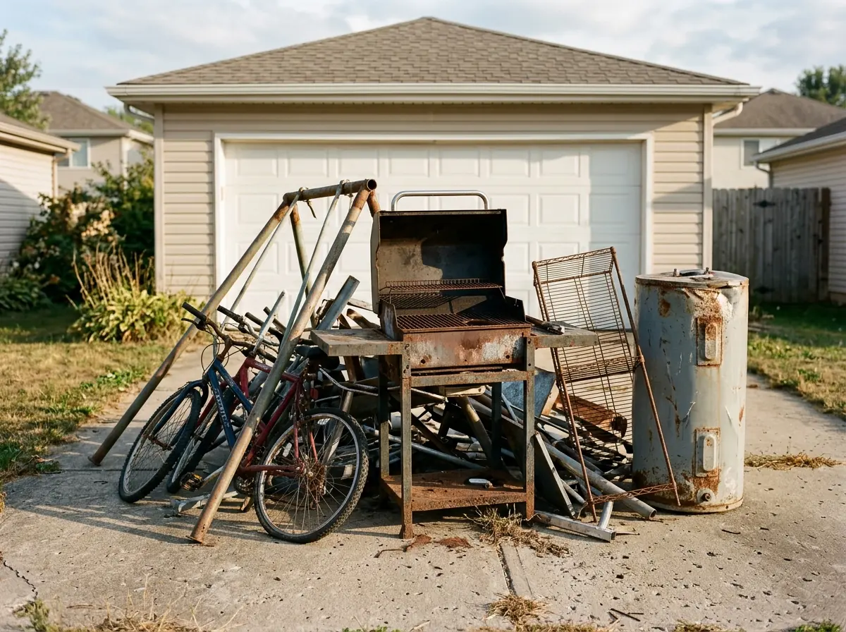 Pile of household scrap metal in a driveway: a rusted gas grill frame, two bike frames, bent swing set poles and an old metal shelf